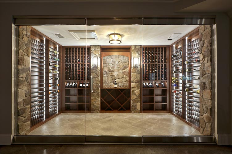 Elegant wine cellar from Towers Series with stone accents, showcasing Kessick's signature styles and exclusive lines.